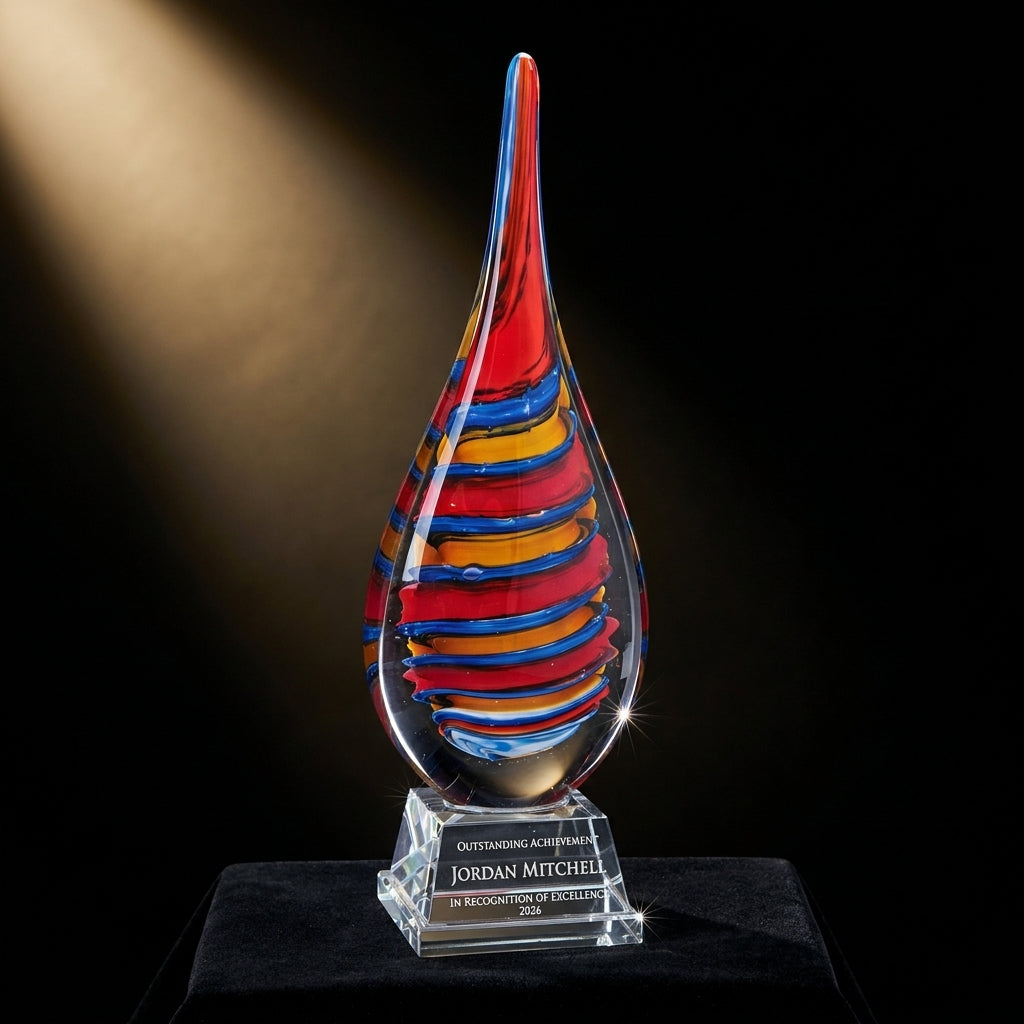 Personalized Flame Swirl art glass award on black velvet under awards-ceremony spotlight, engraved champion and lifetime achievement award