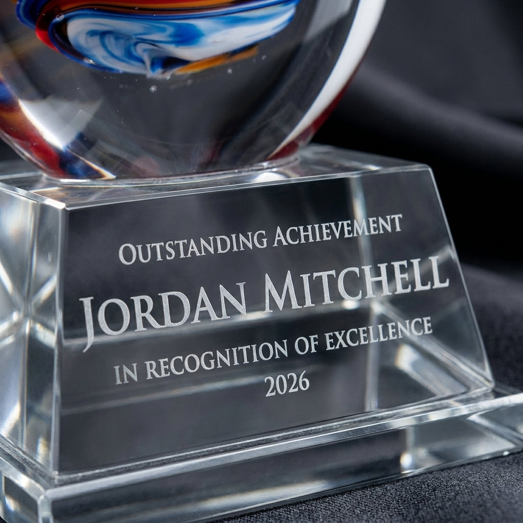 Close-up of the custom laser engraving on a personalized Flame Swirl art glass award, showing crisp permanent personalization