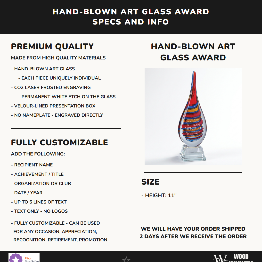 Specifications for the personalized Flame Swirl art glass award — materials, engraving, and features
