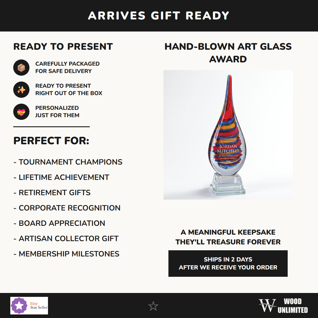 Gift-ready personalized Flame Swirl art glass award, perfect for ceremonies, retirements, and corporate recognition