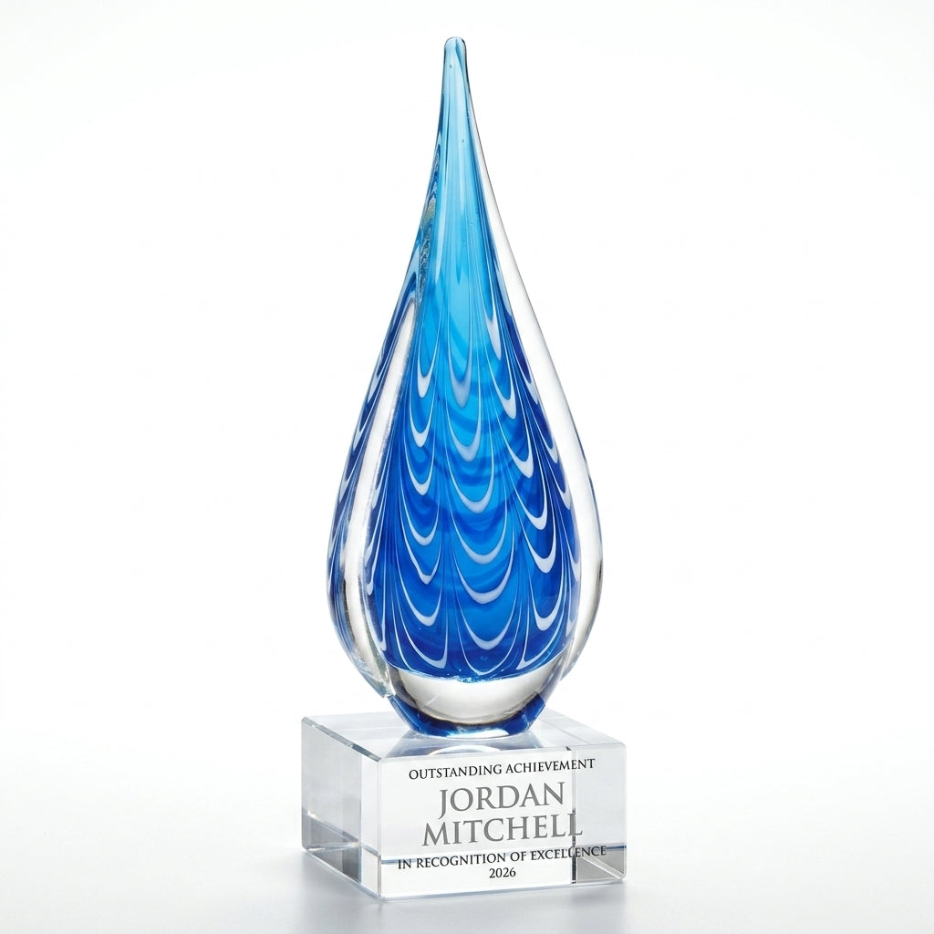 Personalized Art Glass art glass award, custom laser engraved recognition award on a clean white studio background