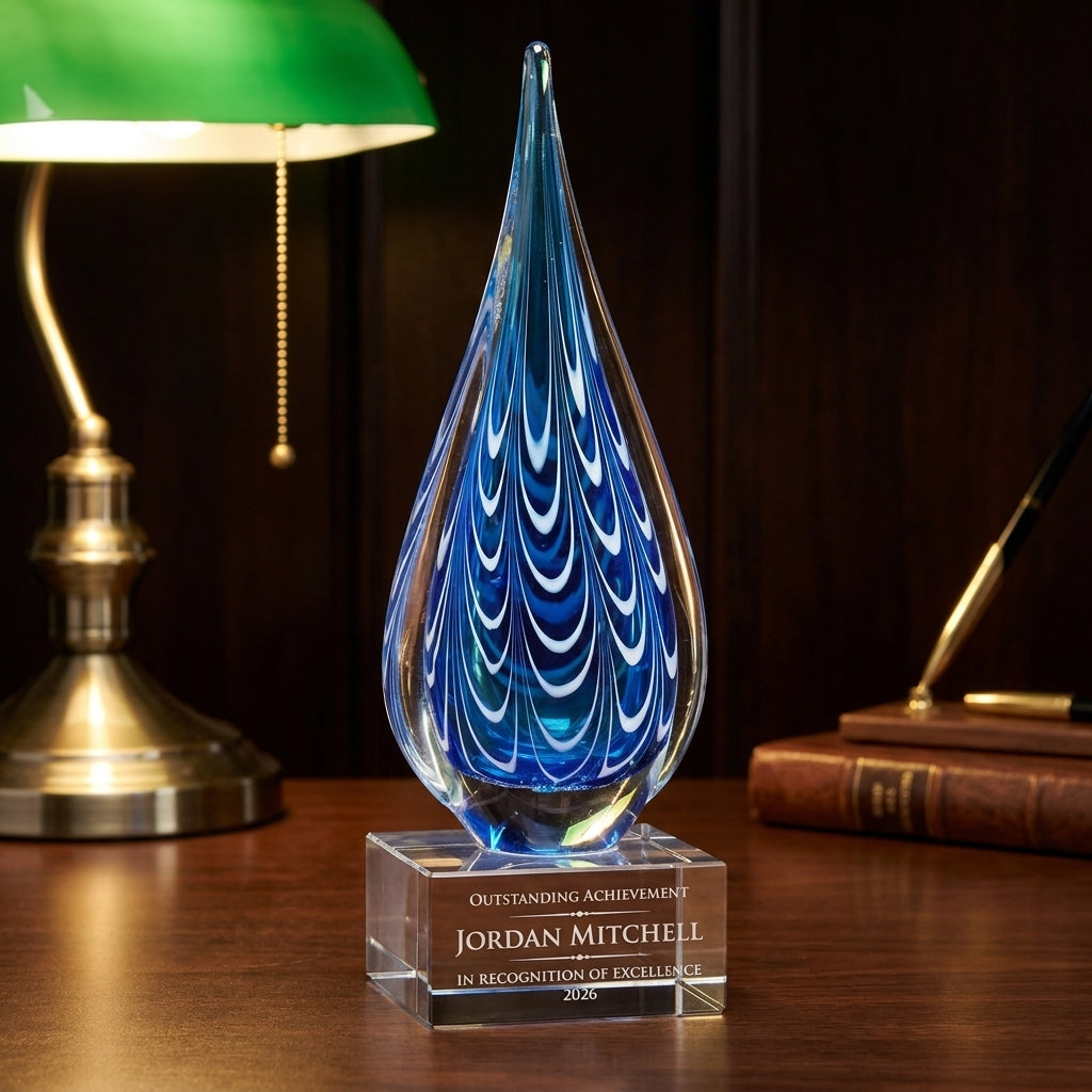 Personalized Art Glass art glass award on a warm executive desk with a green banker's lamp, engraved corporate recognition and retirement gift