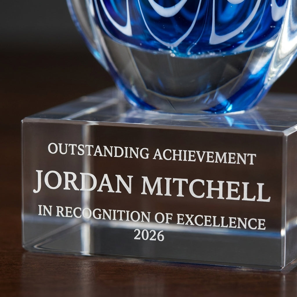 Close-up of the custom laser engraving on a personalized Art Glass art glass award, showing crisp permanent personalization