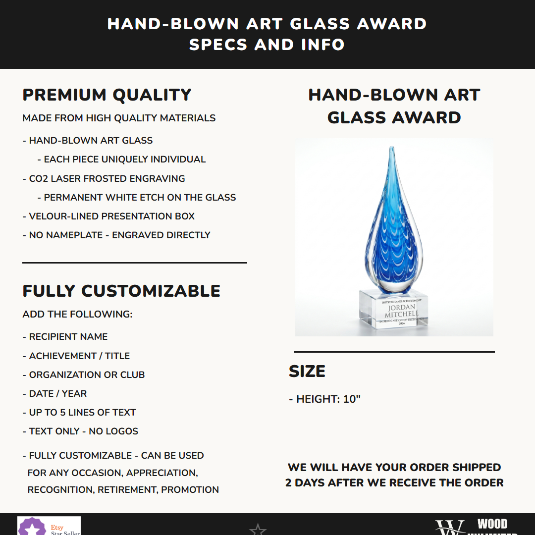 Specifications for the personalized Art Glass art glass award — materials, engraving, and features