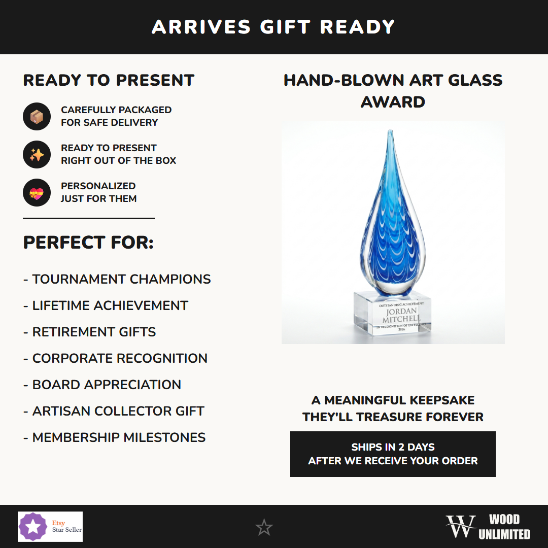 Gift-ready personalized Art Glass art glass award, perfect for ceremonies, retirements, and corporate recognition