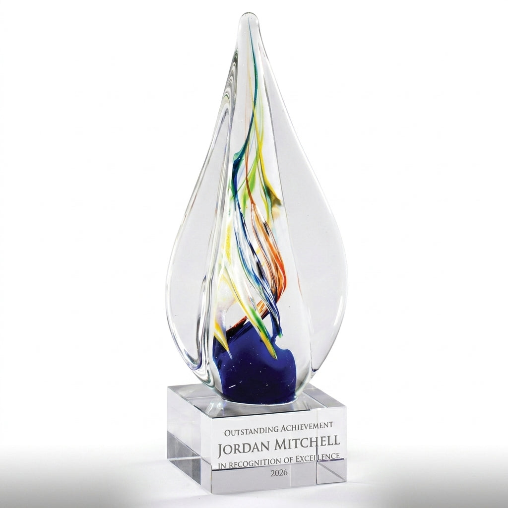 Personalized Art Glass art glass award, custom laser engraved recognition award on a clean white studio background