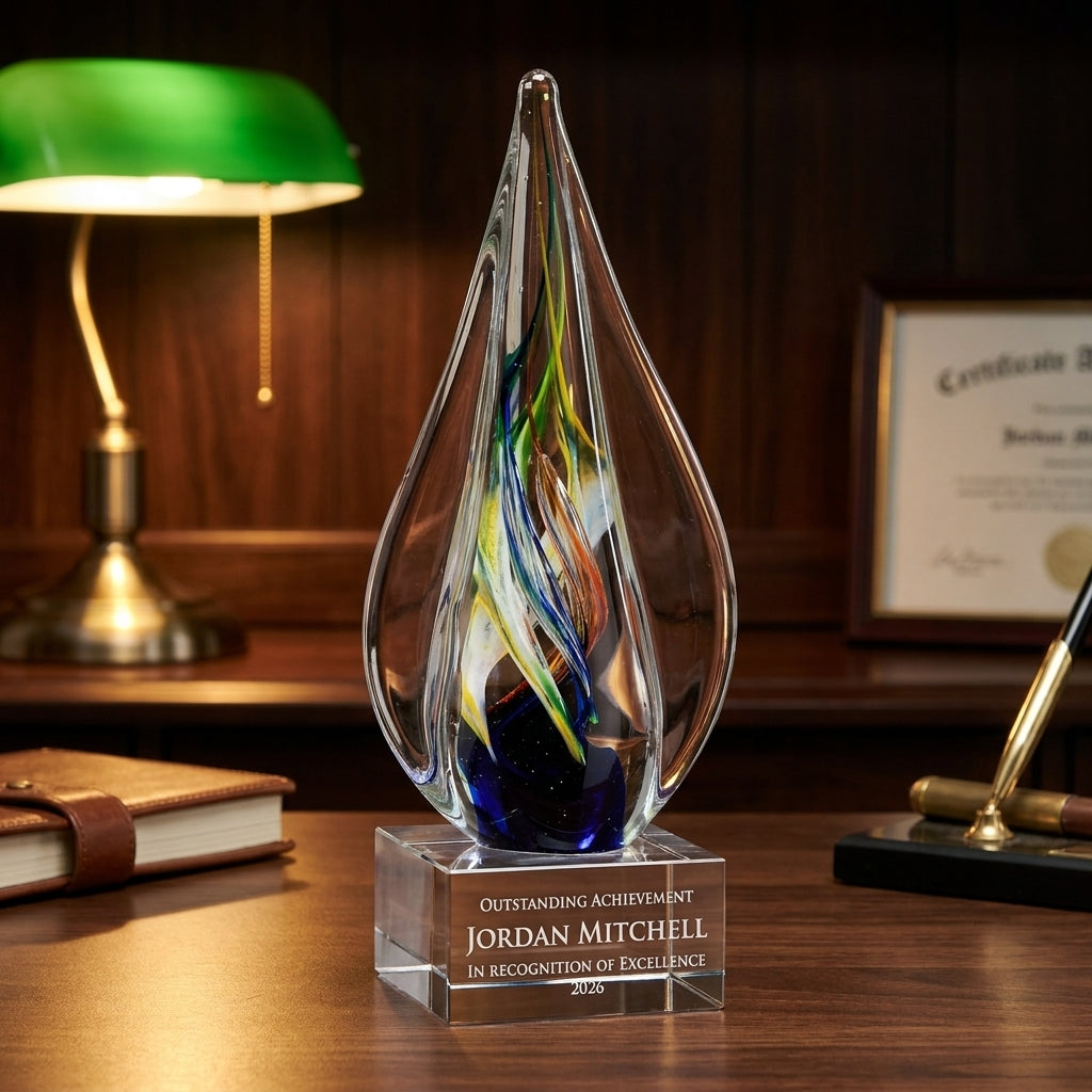 Personalized Art Glass art glass award on a warm executive desk with a green banker's lamp, engraved corporate recognition and retirement gift
