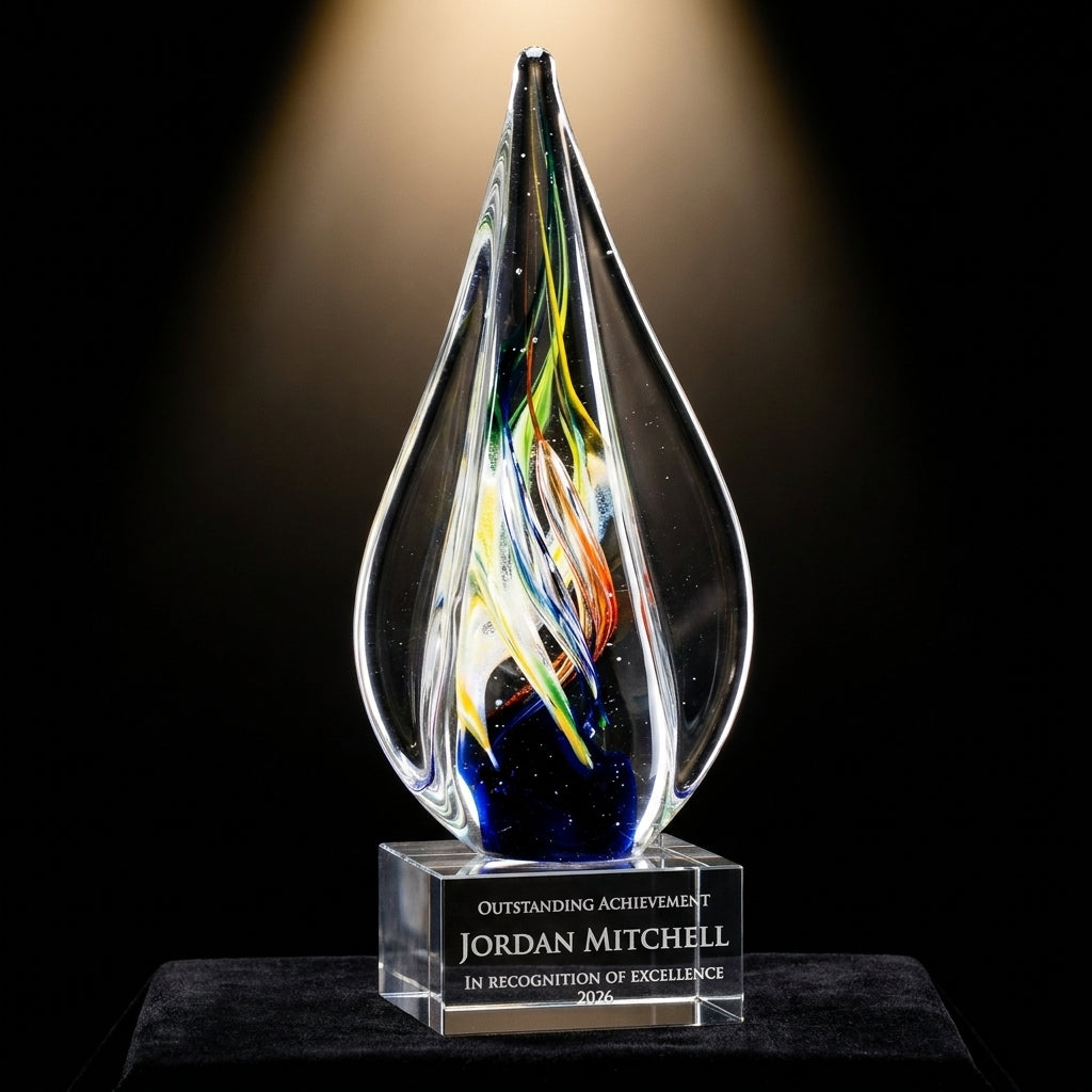 Personalized Art Glass art glass award on black velvet under awards-ceremony spotlight, engraved champion and lifetime achievement award