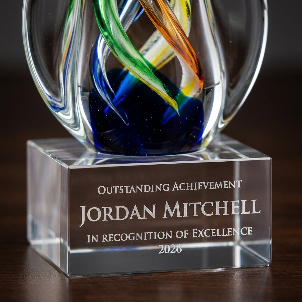 Close-up of the custom laser engraving on a personalized Art Glass art glass award, showing crisp permanent personalization