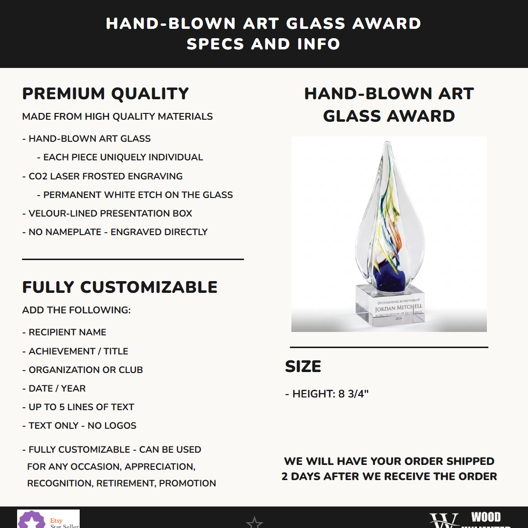 Specifications for the personalized Art Glass art glass award — materials, engraving, and features