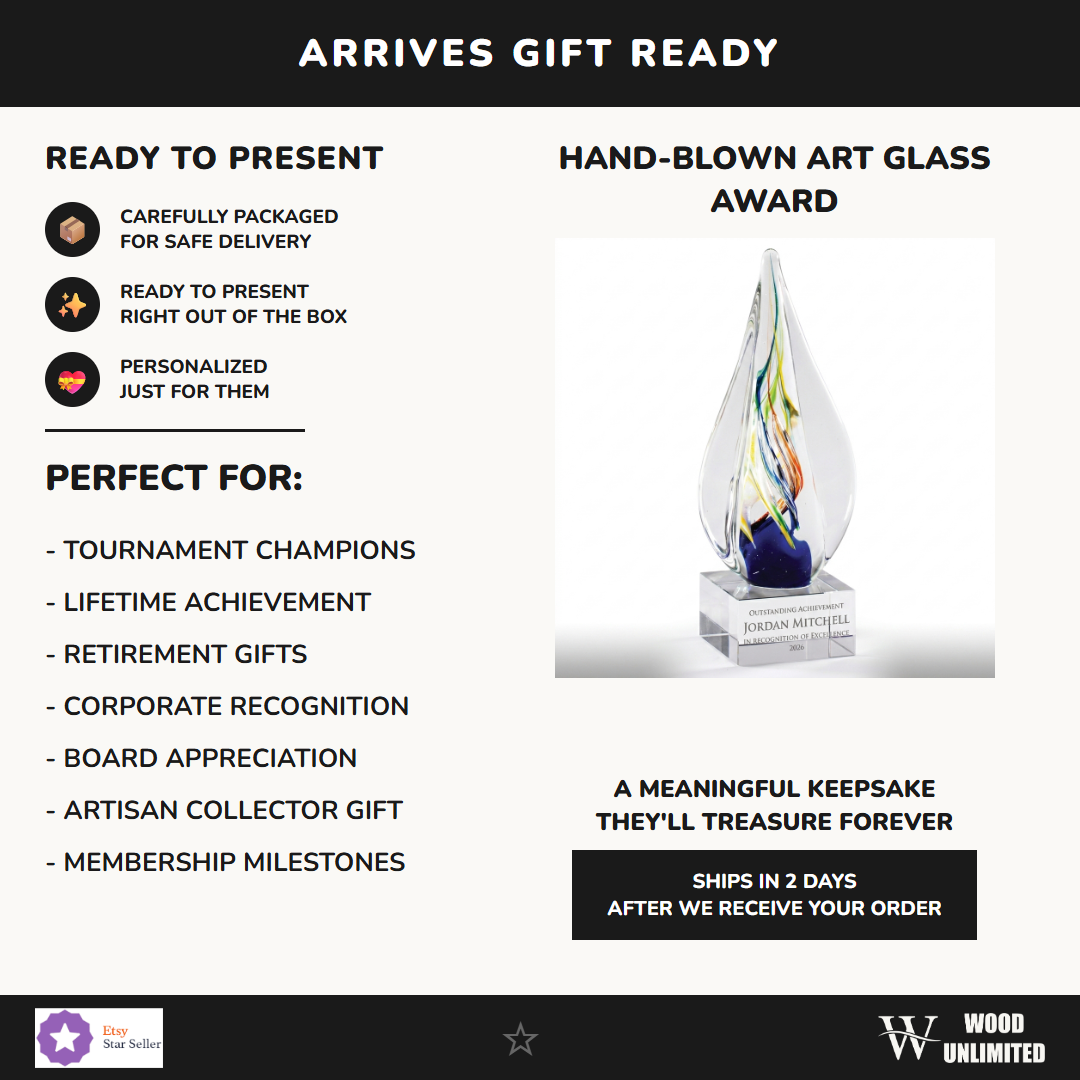 Gift-ready personalized Art Glass art glass award, perfect for ceremonies, retirements, and corporate recognition