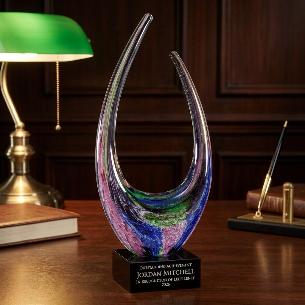 Personalized Art Glass art glass award on a warm executive desk with a green banker's lamp, engraved corporate recognition and retirement gift