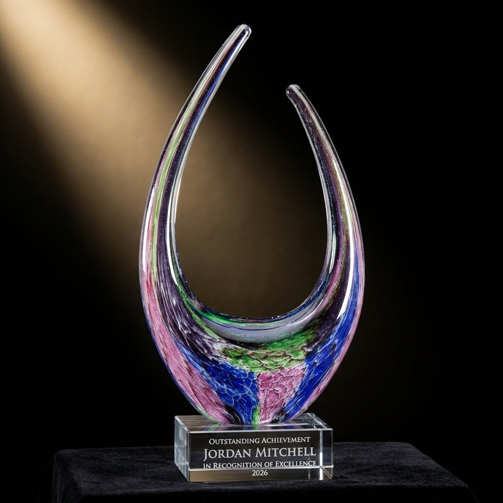 Personalized Art Glass art glass award on black velvet under awards-ceremony spotlight, engraved champion and lifetime achievement award