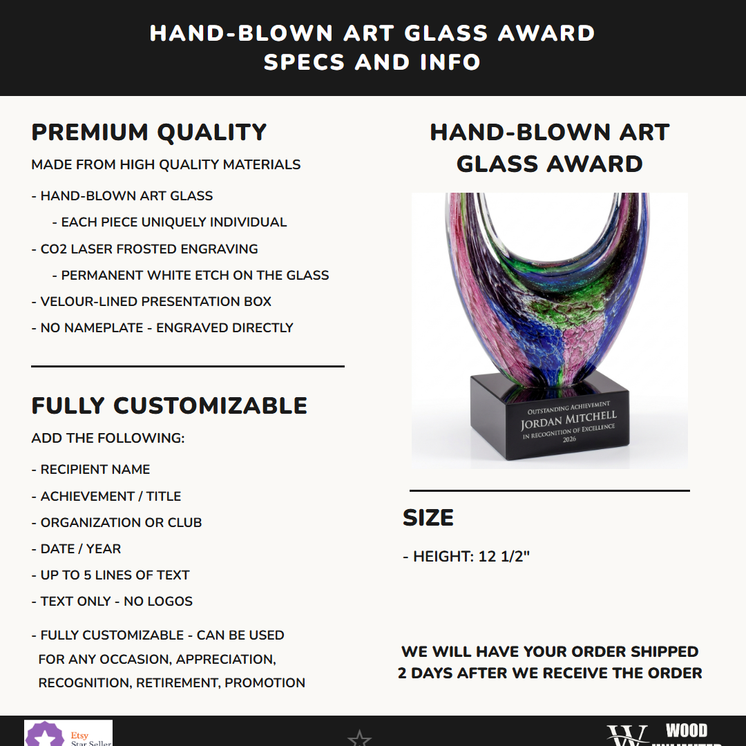 Specifications for the personalized Art Glass art glass award — materials, engraving, and features
