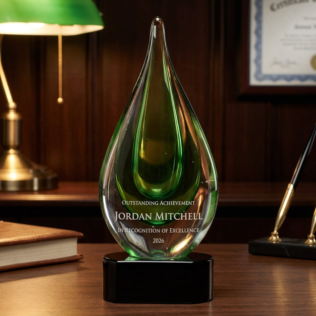 Personalized Green art glass award on a warm executive desk with a green banker's lamp, engraved corporate recognition and retirement gift