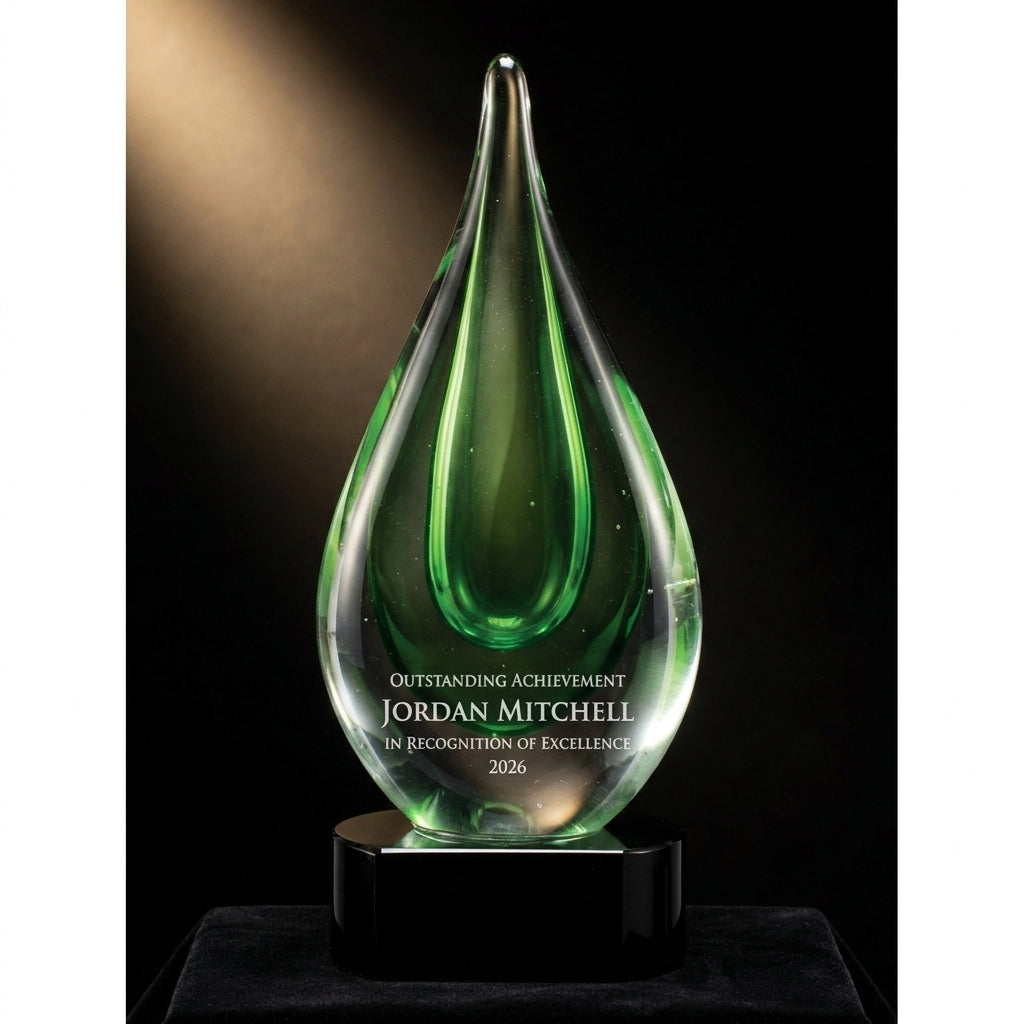 Personalized Green art glass award on black velvet under awards-ceremony spotlight, engraved champion and lifetime achievement award
