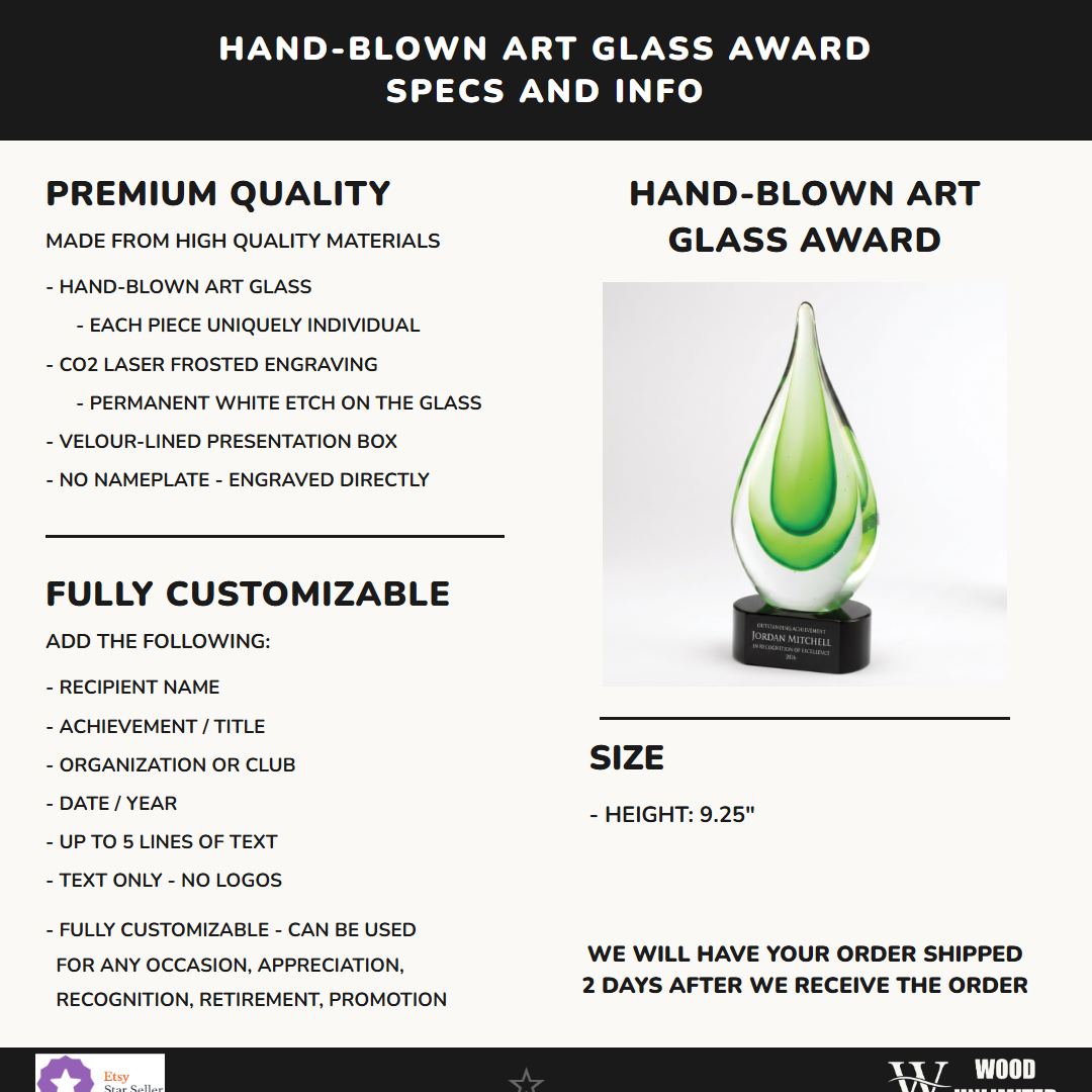 Specifications for the personalized Green art glass award — materials, engraving, and features
