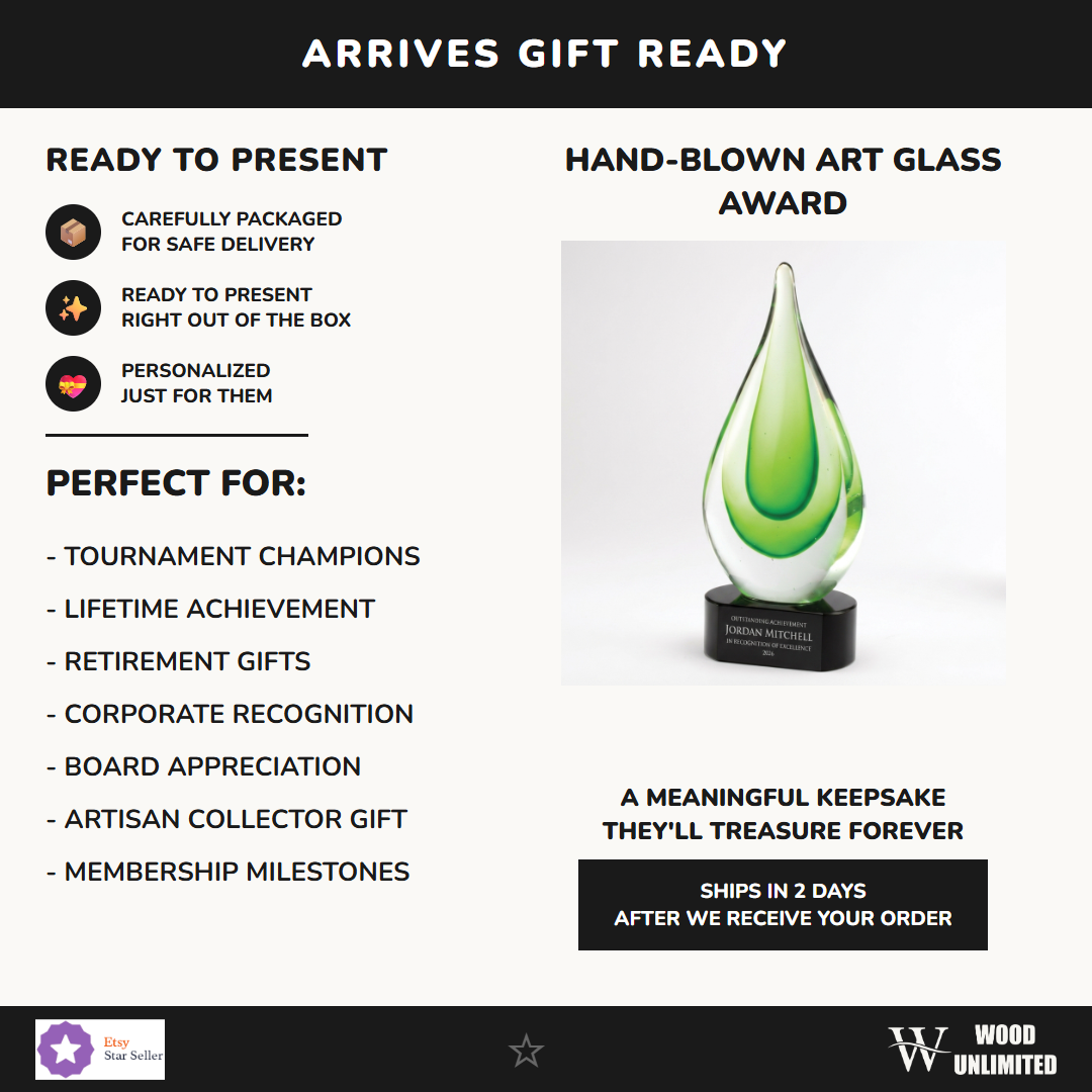 Gift-ready personalized Green art glass award, perfect for ceremonies, retirements, and corporate recognition