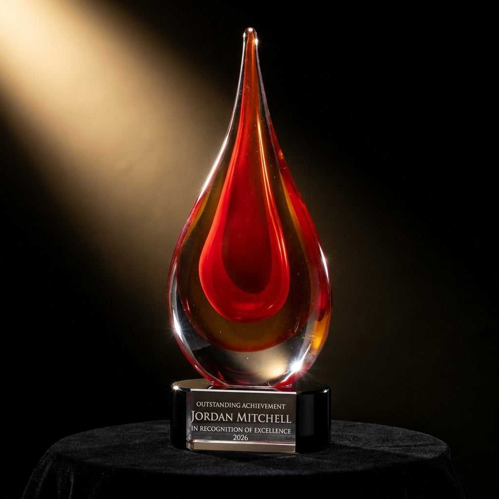 Personalized Red art glass award on black velvet under awards-ceremony spotlight, engraved champion and lifetime achievement award