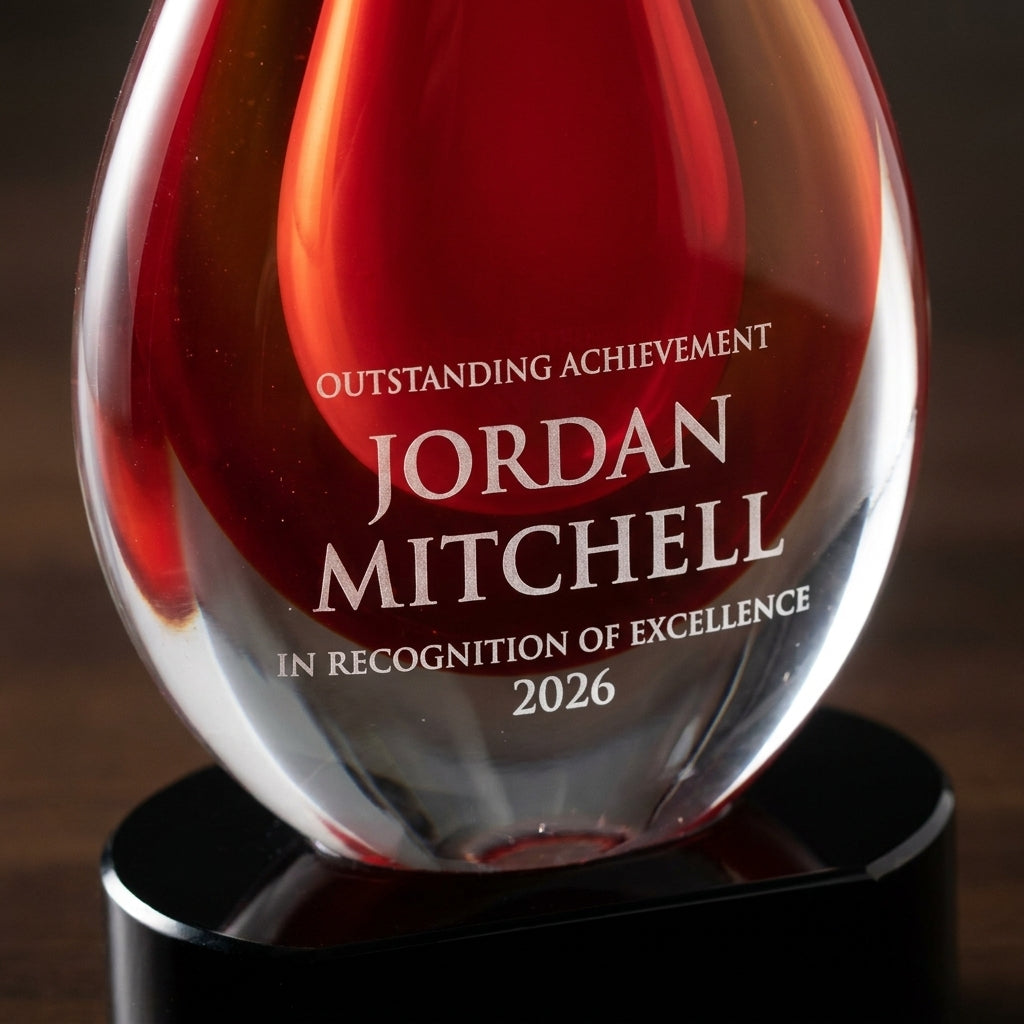 Close-up of the custom laser engraving on a personalized Red art glass award, showing crisp permanent personalization