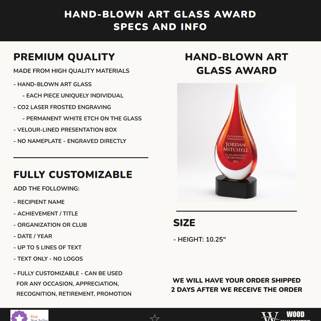 Specifications for the personalized Red art glass award — materials, engraving, and features