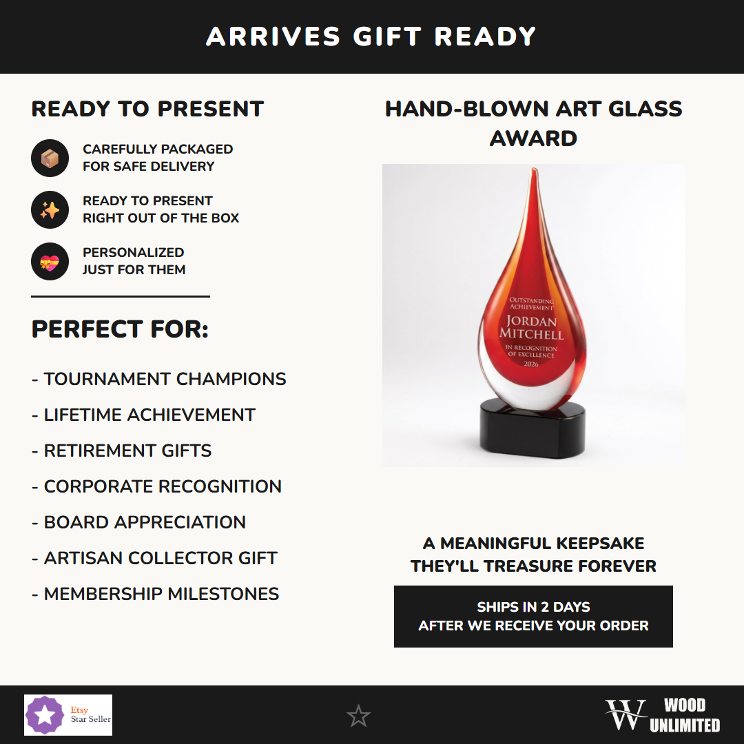 Gift-ready personalized Red art glass award, perfect for ceremonies, retirements, and corporate recognition