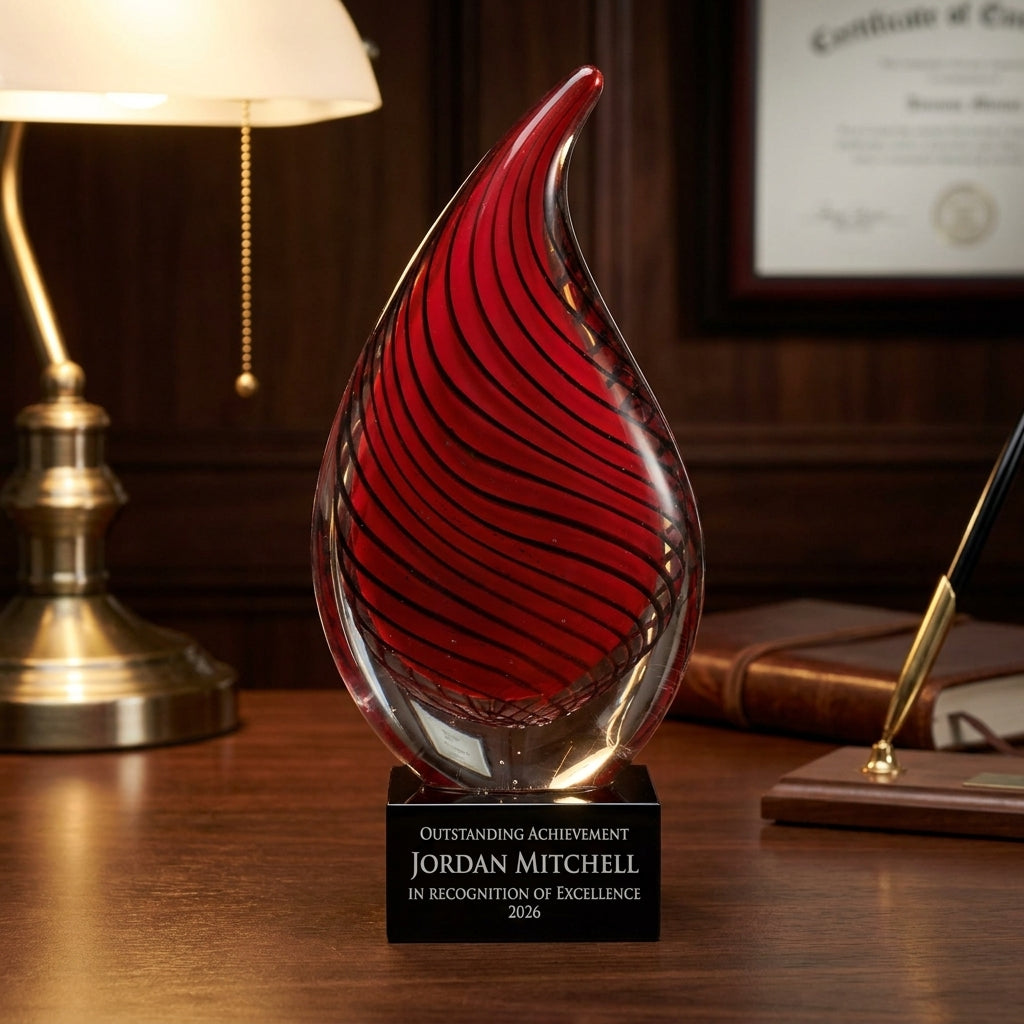 Personalized Red art glass award on a warm executive desk with a green banker's lamp, engraved corporate recognition and retirement gift