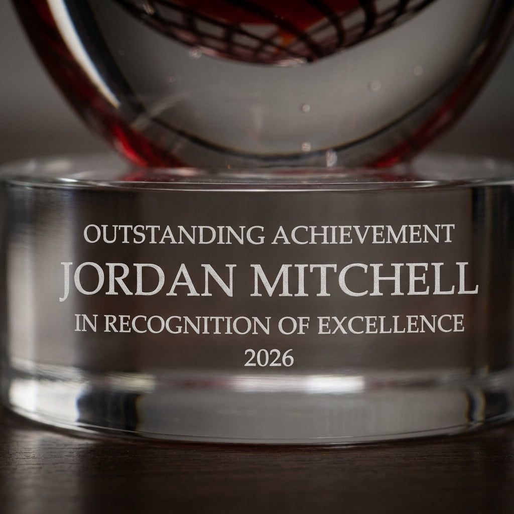 Close-up of the custom laser engraving on a personalized Red art glass award, showing crisp permanent personalization