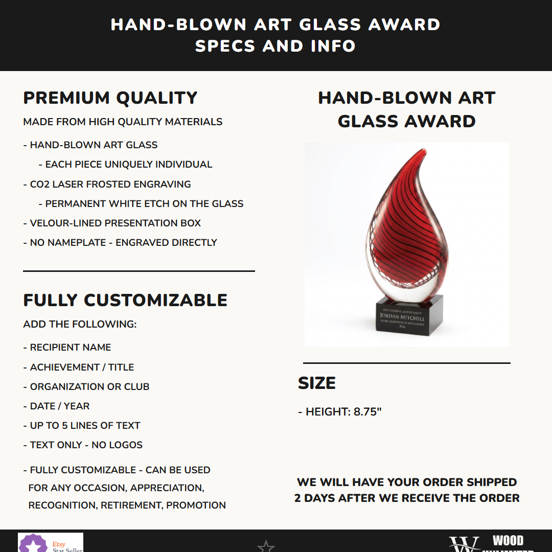 Specifications for the personalized Red art glass award — materials, engraving, and features