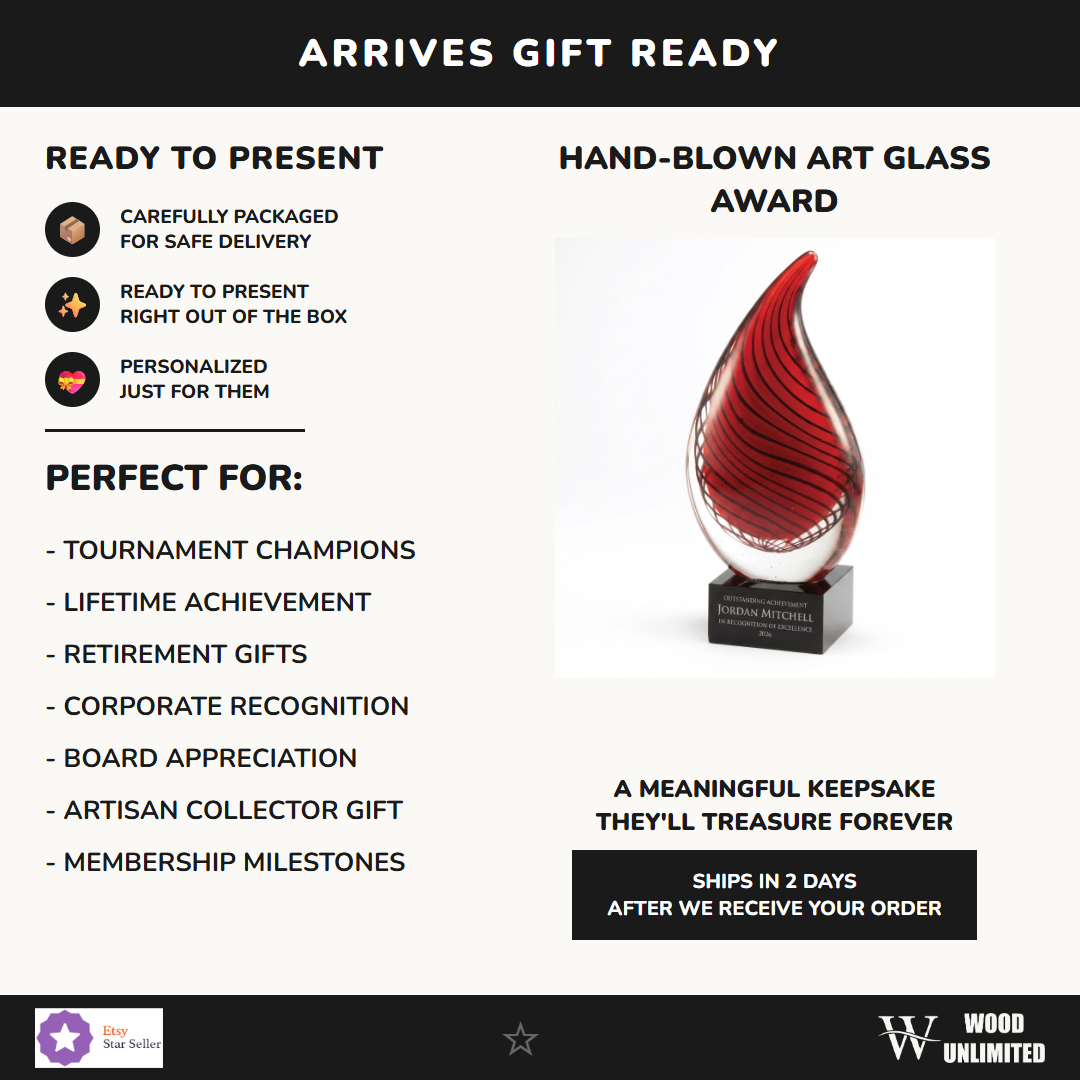 Gift-ready personalized Red art glass award, perfect for ceremonies, retirements, and corporate recognition