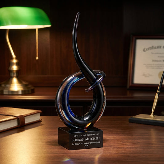 Personalized Black Blue Flame Knot art glass award on a warm executive desk with a green banker's lamp, engraved corporate recognition and retirement gift