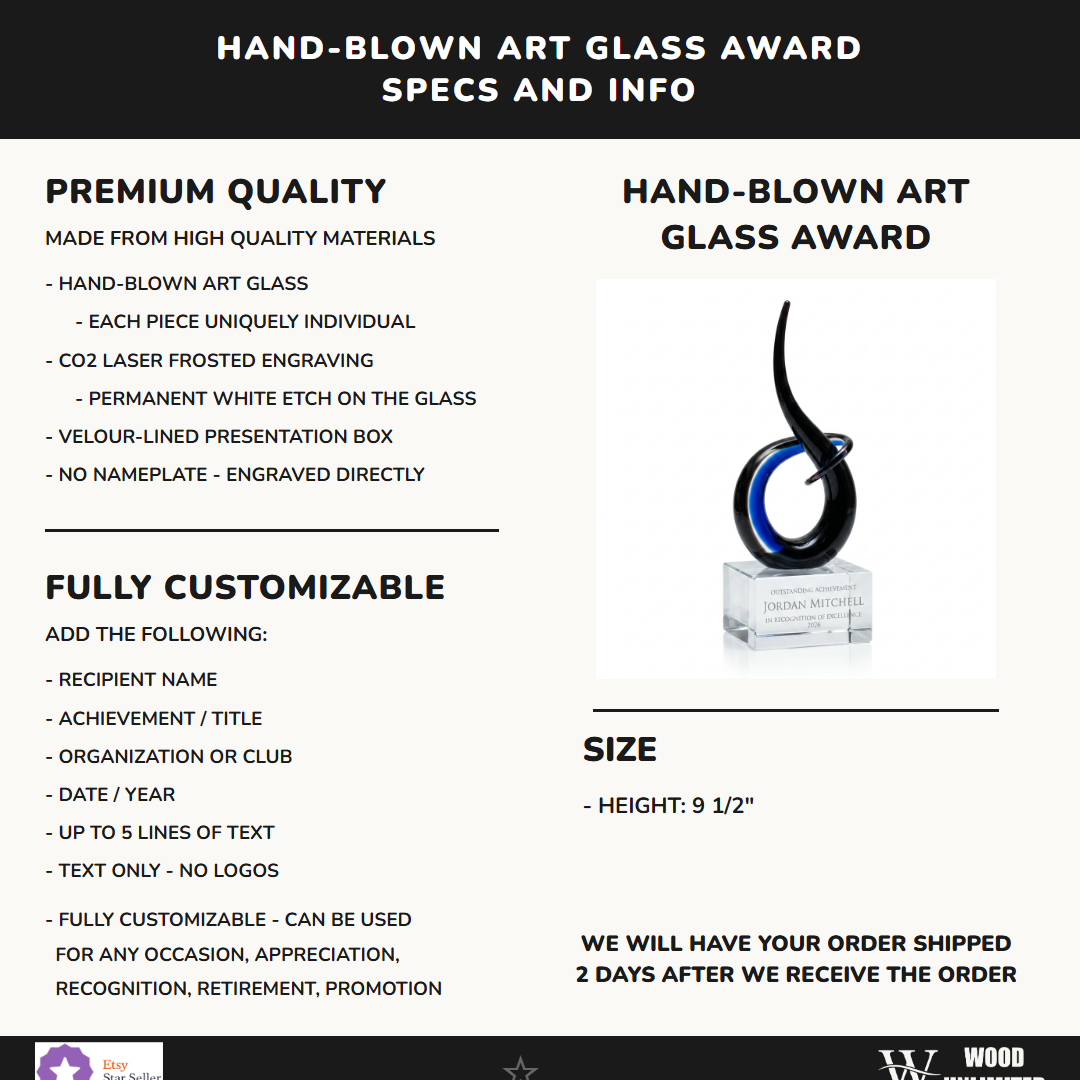 Specifications for the personalized Black Blue Flame Knot art glass award — materials, engraving, and features