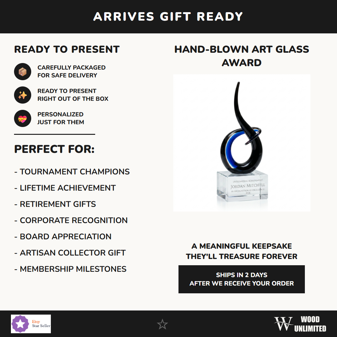 Gift-ready personalized Black Blue Flame Knot art glass award, perfect for ceremonies, retirements, and corporate recognition