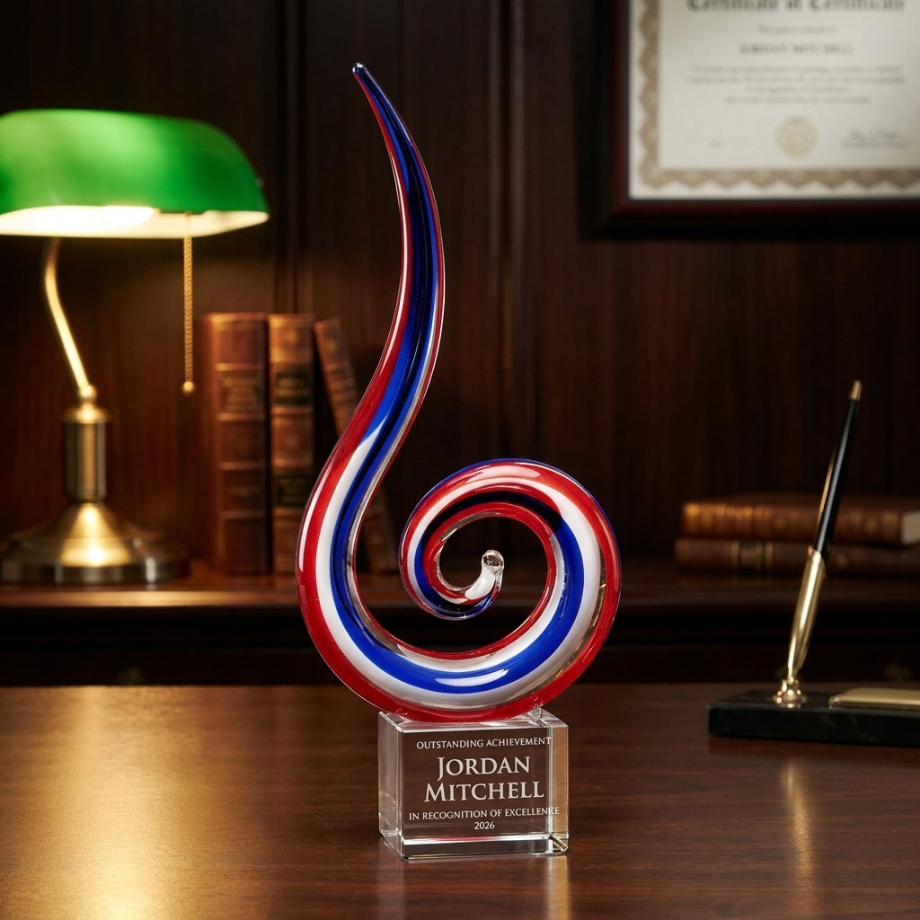 Personalized Red White Blue Spiral art glass award on a warm executive desk with a green banker's lamp, engraved corporate recognition and retirement gift