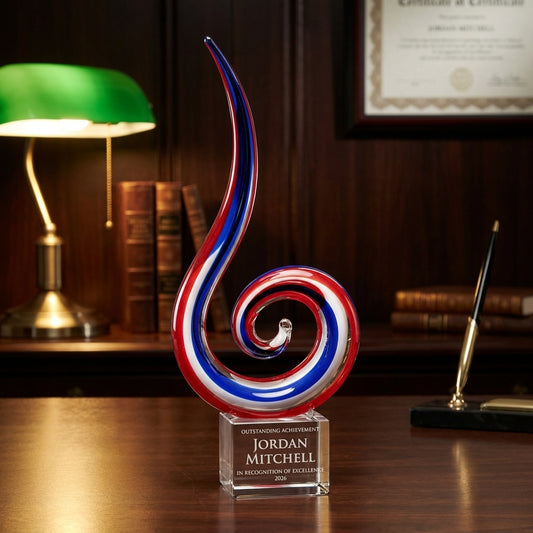 Personalized Red White Blue Spiral art glass award on a warm executive desk with a green banker's lamp, engraved corporate recognition and retirement gift