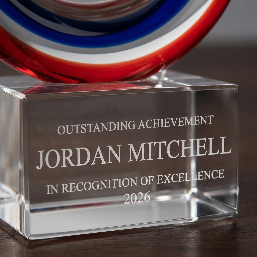 Close-up of the custom laser engraving on a personalized Red White Blue Spiral art glass award, showing crisp permanent personalization