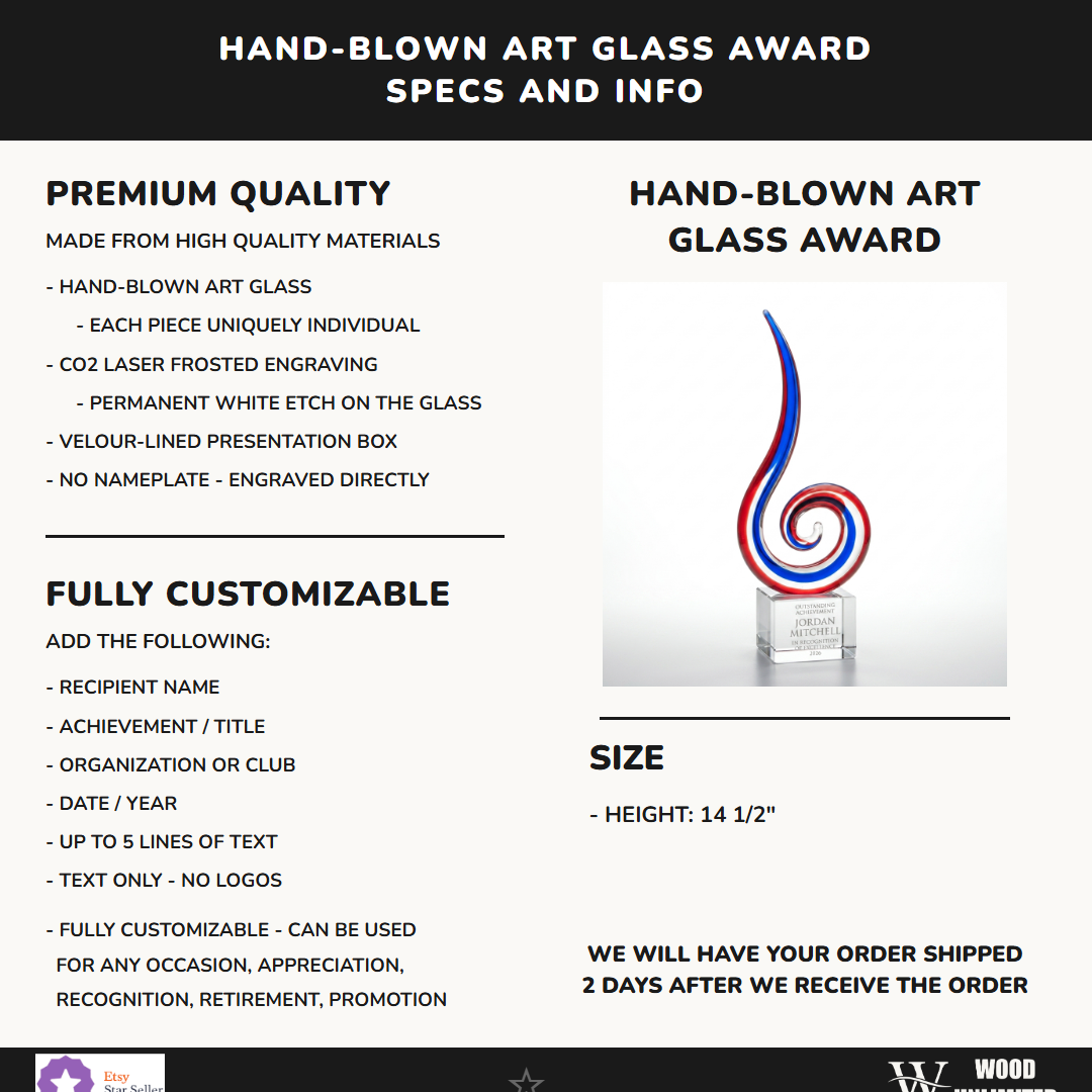 Specifications for the personalized Red White Blue Spiral art glass award — materials, engraving, and features