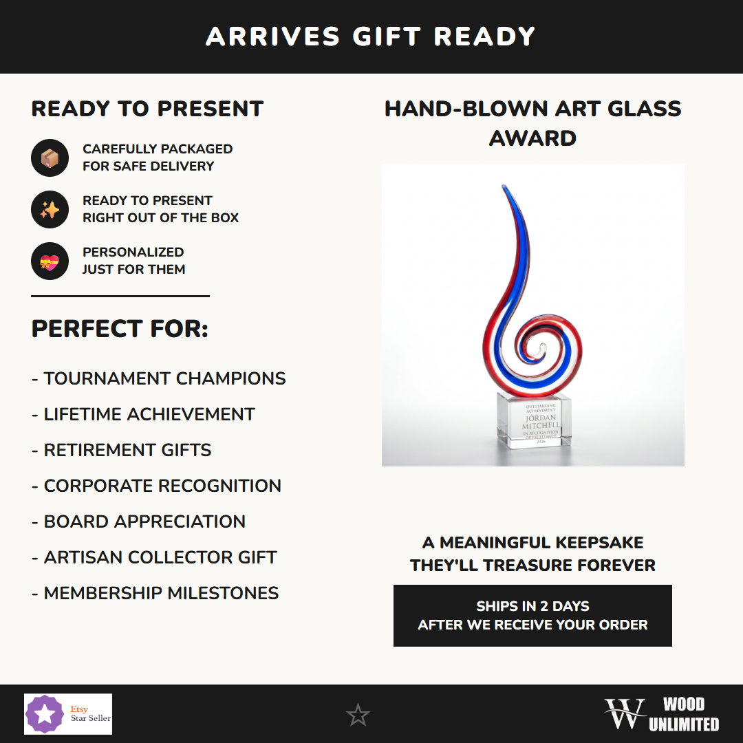Gift-ready personalized Red White Blue Spiral art glass award, perfect for ceremonies, retirements, and corporate recognition