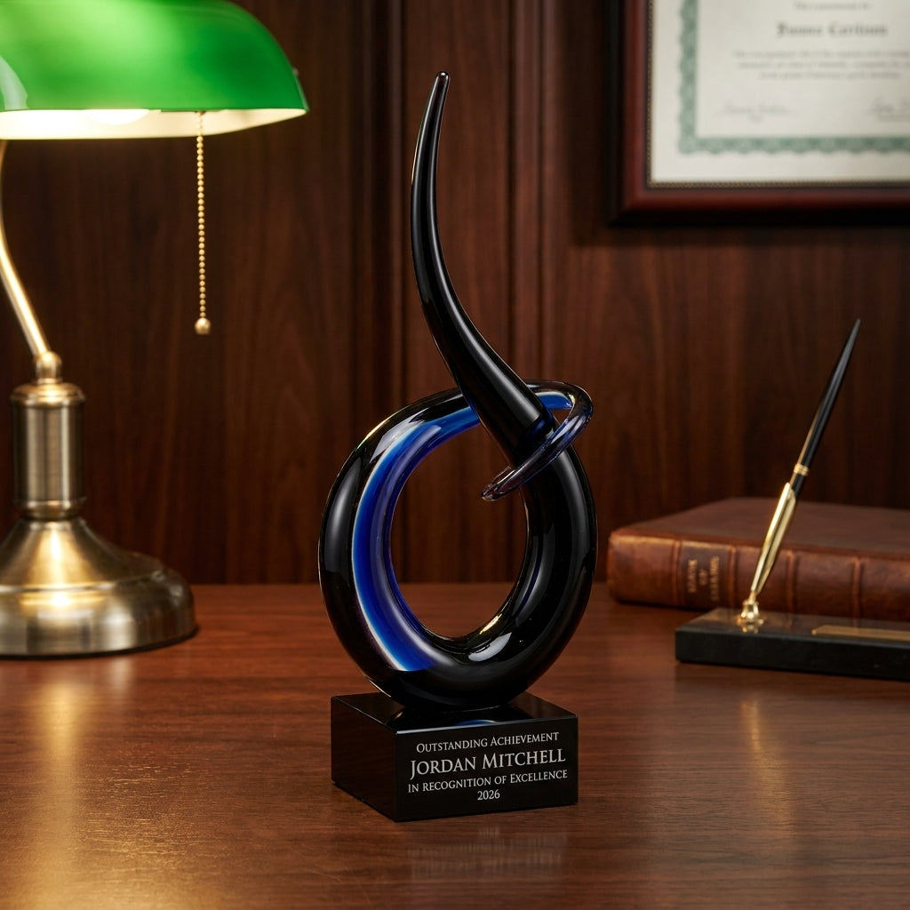 Personalized Sculpture art glass award on a warm executive desk with a green banker's lamp, engraved corporate recognition and retirement gift