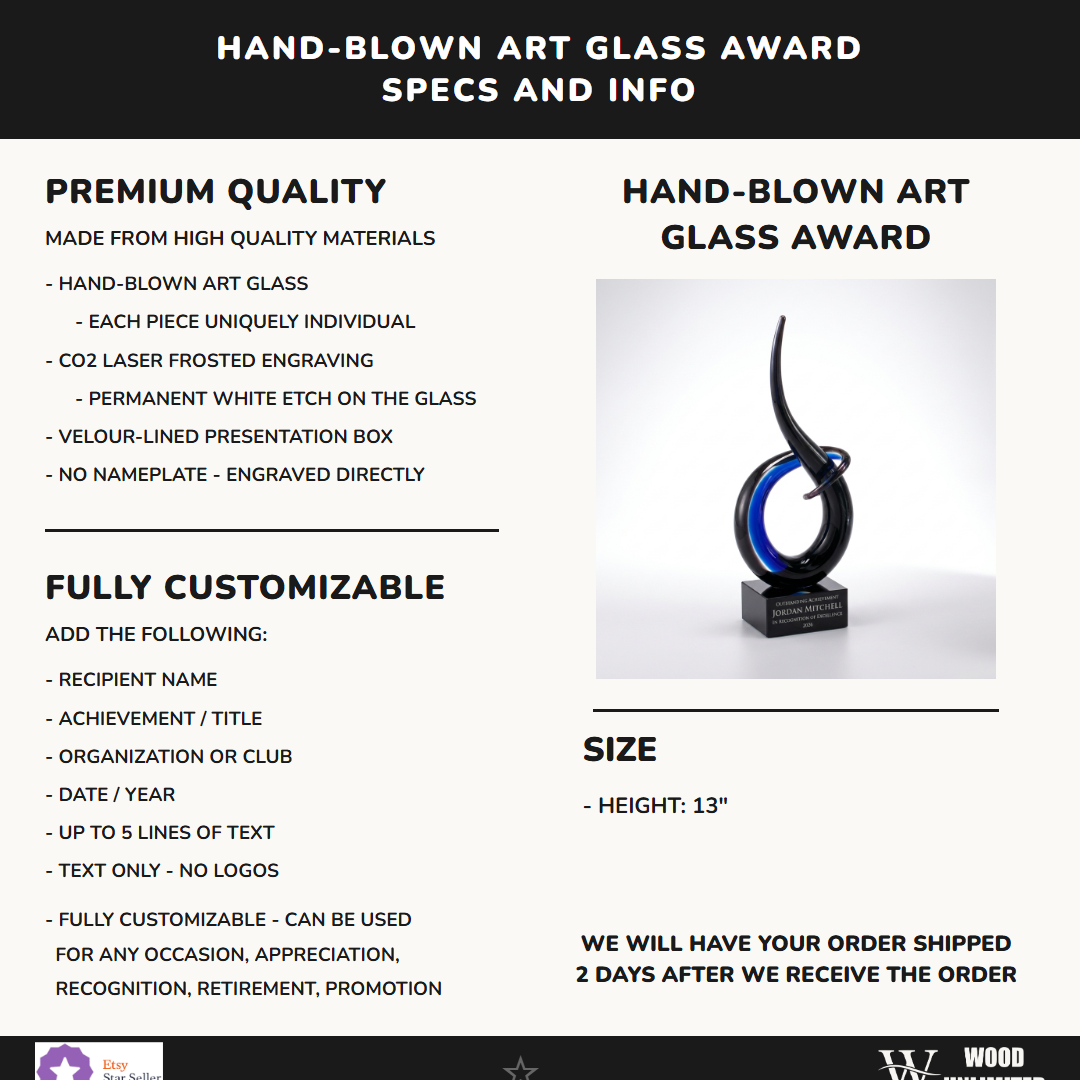 Specifications for the personalized Sculpture art glass award — materials, engraving, and features