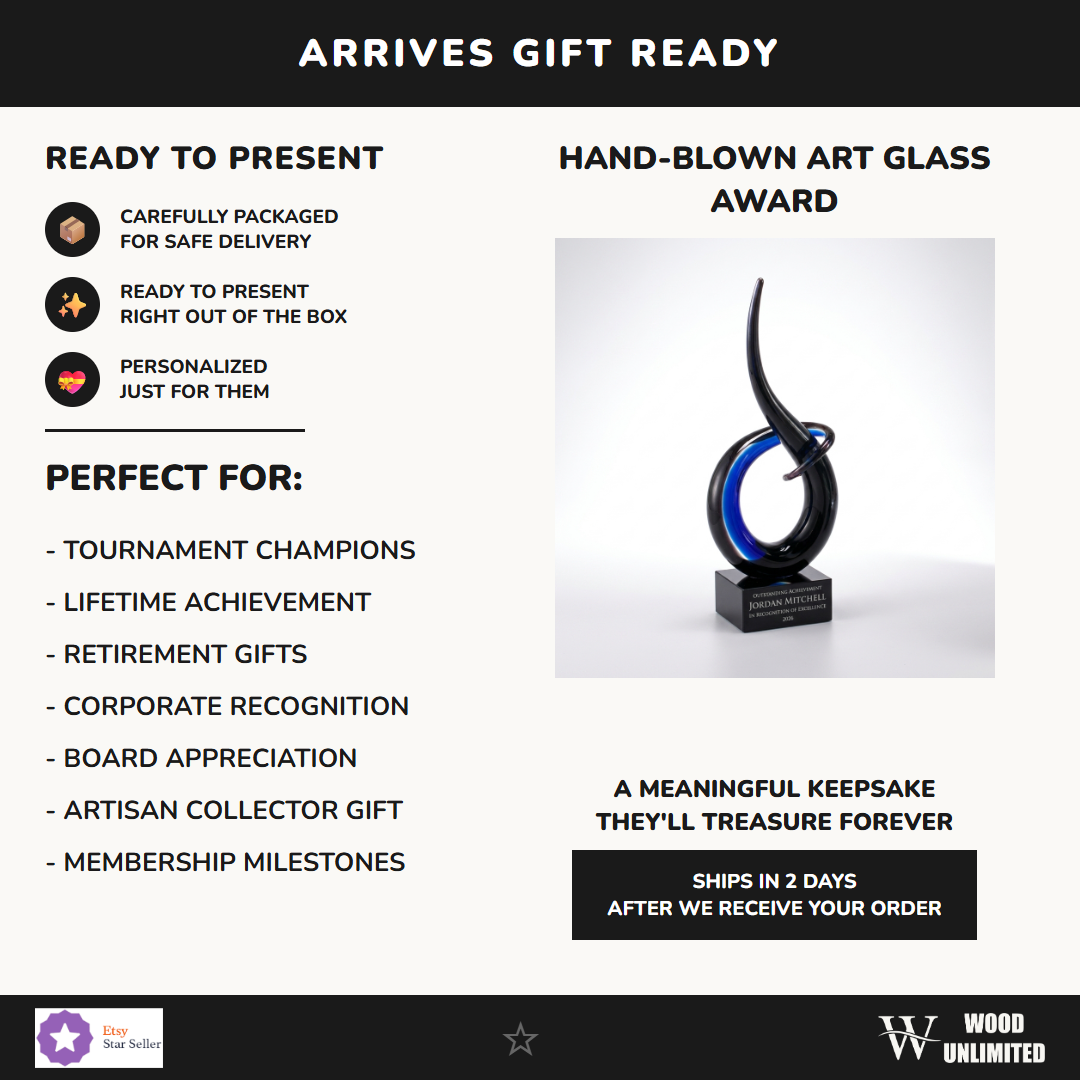 Gift-ready personalized Sculpture art glass award, perfect for ceremonies, retirements, and corporate recognition