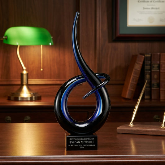Personalized Midnight Blue Flame Knot art glass award on a warm executive desk with a green banker's lamp, engraved corporate recognition and retirement gift