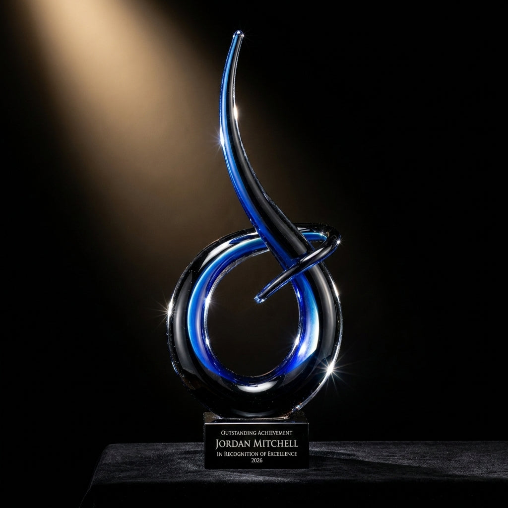 Personalized Midnight Blue Flame Knot art glass award on black velvet under awards-ceremony spotlight, engraved champion and lifetime achievement award