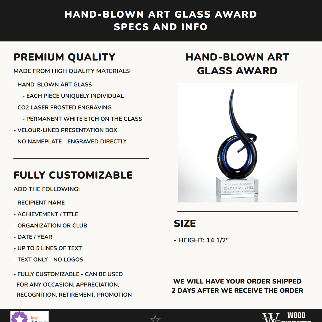 Specifications for the personalized Midnight Blue Flame Knot art glass award — materials, engraving, and features