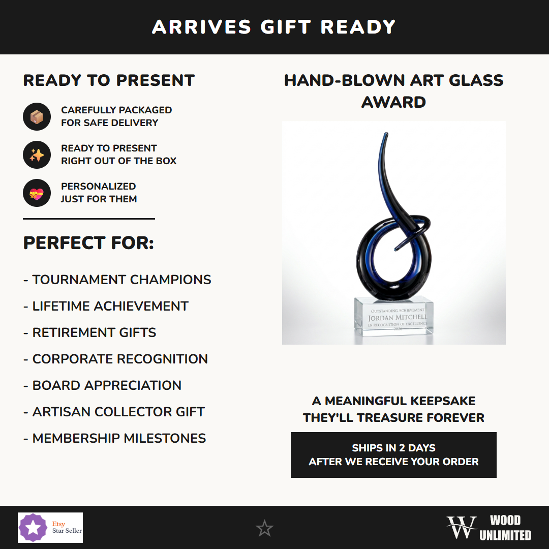 Gift-ready personalized Midnight Blue Flame Knot art glass award, perfect for ceremonies, retirements, and corporate recognition