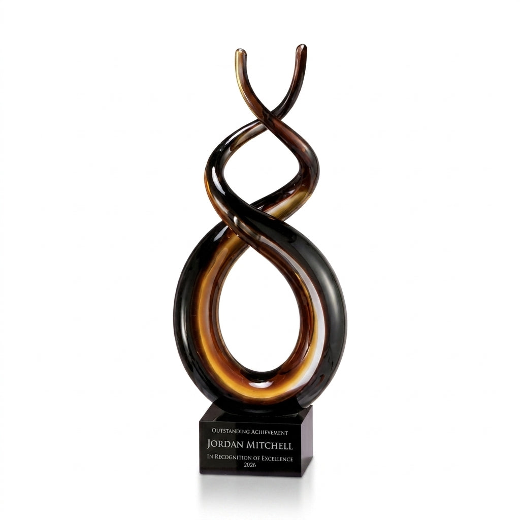 Personalized Sculpture art glass award, custom laser engraved recognition award on a clean white studio background