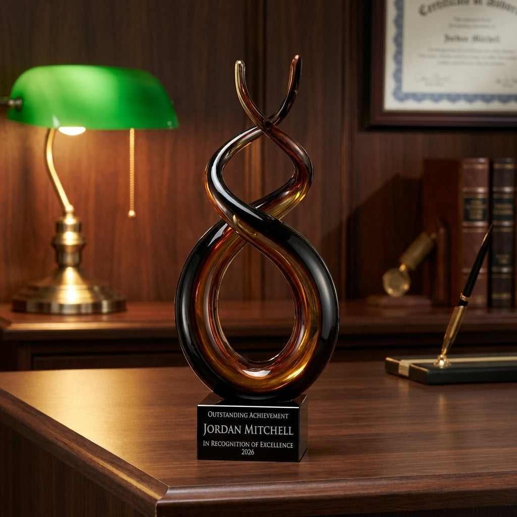Personalized Sculpture art glass award on a warm executive desk with a green banker's lamp, engraved corporate recognition and retirement gift