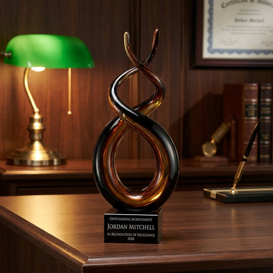 Personalized Sculpture art glass award on a warm executive desk with a green banker's lamp, engraved corporate recognition and retirement gift