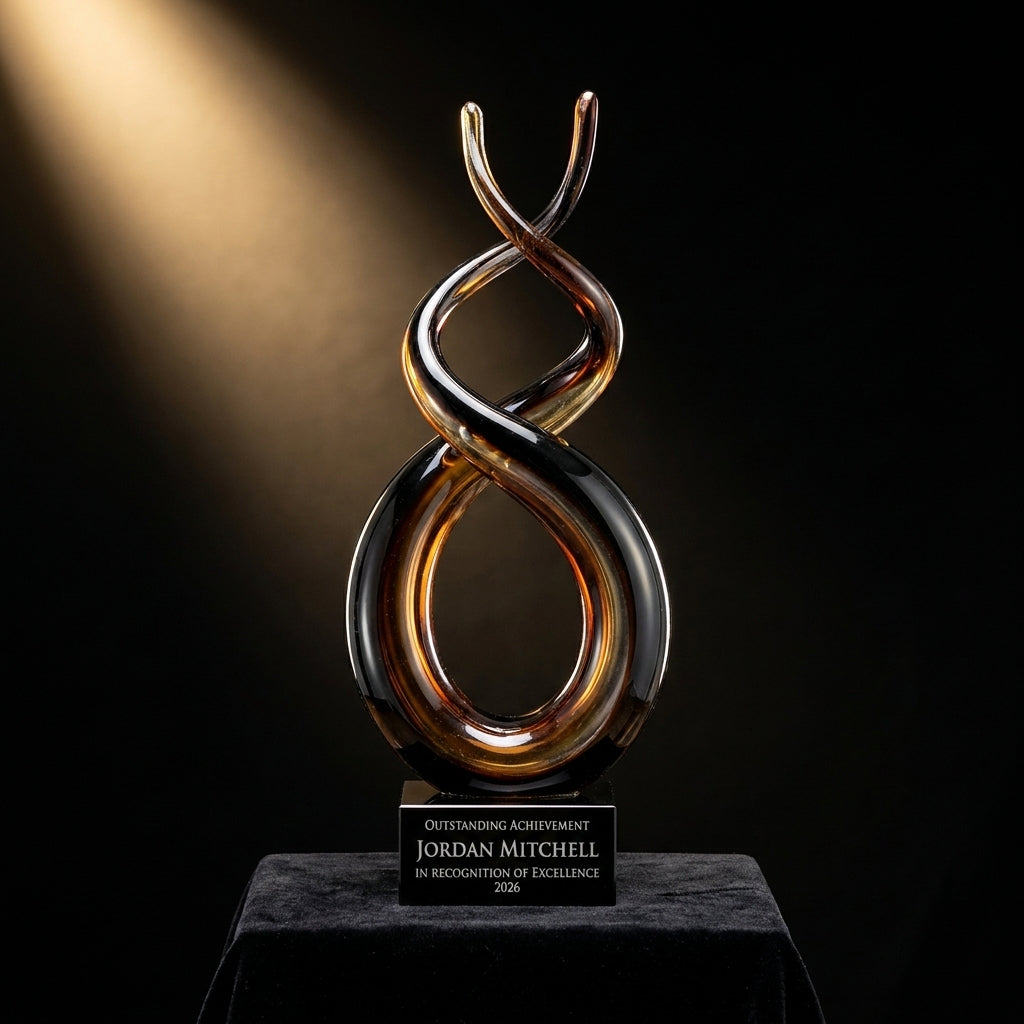 Personalized Sculpture art glass award on black velvet under awards-ceremony spotlight, engraved champion and lifetime achievement award