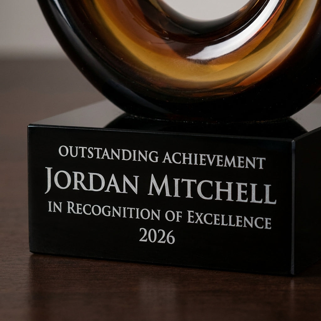 Close-up of the custom laser engraving on a personalized Sculpture art glass award, showing crisp permanent personalization